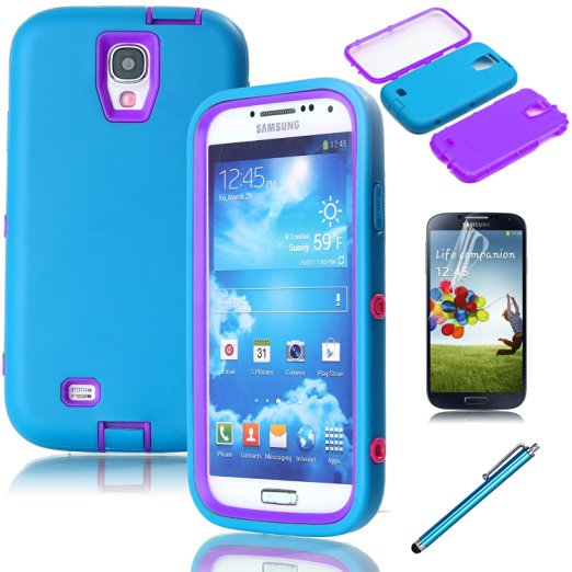 Galaxy S4 Case, EC™ 3IN1 Powerful Protection Design Case, Hybrid Hard Soft Durable Bumper Case Armor Case Back Cover Case for Samsung Galaxy S4 with Screen Protector & Stylus (T-Purple/Blue)