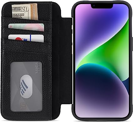 Case-Mate Wallet Folio iPhone 14 Case/iPhone 13 Case - Black [10FT Drop Protection] [Compatible with MagSafe] Flip Folio Cover Made with Genuine Pebbled Leather, Landscape Phone Stand, Card Holder