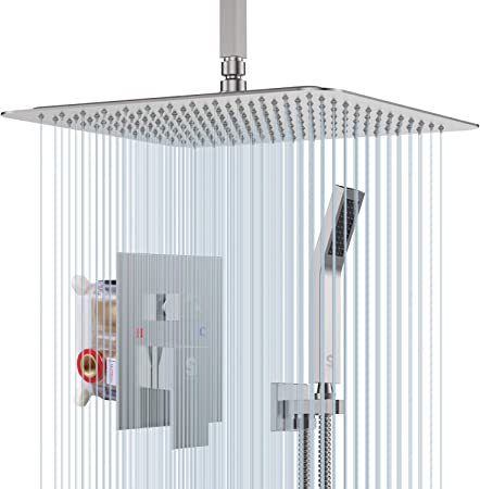 SR SUN RISE 12 Inch Ceiling Mount Brushed Nickel Shower System Bathroom Luxury Rain Mixer Shower Combo Set Ceiling Rainfall Shower Head System (Contain Shower Faucet Rough-In Valve Body and Trim)