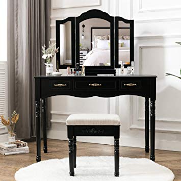 HONBAY 3 Drawers Makeup Vanity Table Necklace Hook Vanity Set Trifold Mirrors Dressing Vanity and Stool for Women Black