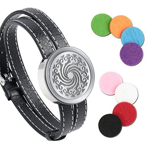Essential Oil Diffuser Bracelet,Stainless Steel Aromatherapy Locket Bracelets Leather Band with 8 Color Pads,Girls Women Jewelry Gift Set