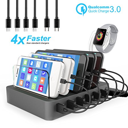 Fast Charging Station, QC 3.0, 6 Port USB Charging Station, Desktop Charging Stand Organizer, Phone Docking Station with Removable Baffles for Multiple Devices, iphone, iphone x, iwatch, (Space Gray)