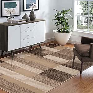 Superior Indoor Area Rug, Jute Backed, Modern Geometric Patchwork Floor Decor for Bedroom, Office, Living Room, Entryway, Hardwood Floors, Rockwood Collection, 4' x 6', Beige