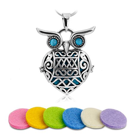 Aromatherapy Essential Oil Diffuser Necklace Owl Locket Pendant with 6 Multi-Colored Refill Pads and 24" Adjustable Surgical Stainless Steel Snake Chain