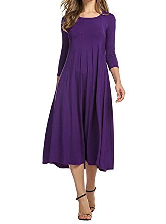 Women's Casual 3/4 Sleeves Party Elegant Fit Flare Midi Swing T Shirt Dress