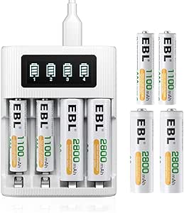 EBL LCD Chargeur de Piles Rapide- avec 4PCS AA 2800mAh et 4PCS AAA 1100mAh Piles Rechargeables NI-MH, LCD Chargeur Rapide par Micro USB avec Écran LCD Intelligent et 4 Slots Indépendants