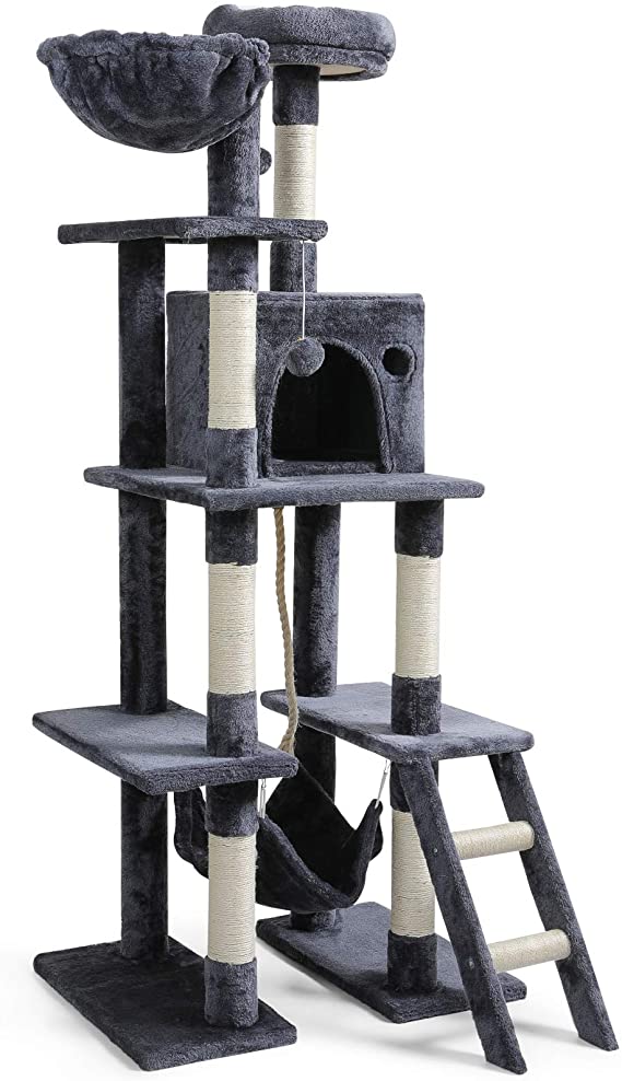 rabbitgoo Cat Tree Cat Tower 61" Multi-Level Kitten House Condo with Scratching Posts & Hammock, Large Cat Stand Furniture Climbing Play House Center with Plush Perch for Indoor Activity (Dark Grey)