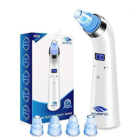 POPPYO Blackhead Remover Pore Vacuum Cleaner, USB Rechargeable Acne Comedone Vacuum Suction Extractor with 5 Adjustable Suction Power and 4 Probes for Facial Skin Treatment -White