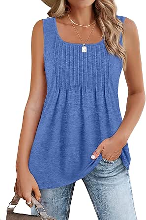 Zeagoo Women's Summer Tank Tops 2024 Pleated Square Neck Loose Fit Casual Flowy Tunic Sleeveless Shirts