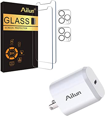 Ailun 2 Pack Screen Protector Compatible for iPhone 12 Pro Max[6.7 inch]   2 Pack Camera Lens Protector and USB C Power Adapter,PD Port Wall Charger Block 20W Fast Charge (Cable Not Included)