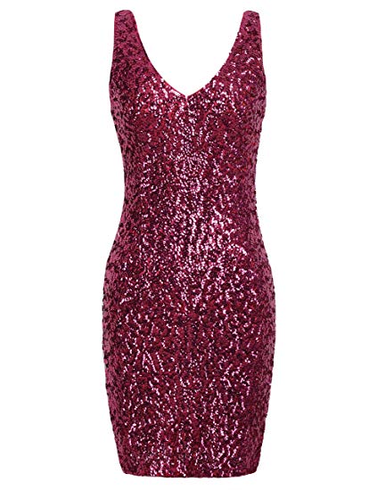 PrettyGuide Women's Sexy Deep V Neck Sequin Glitter Bodycon Stretchy Mini Party Dress