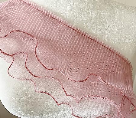 PEPPERLONELY 1 Yard 3-Layer Pleated Tulle Lace Chiffon Fabric Ribbon Fringe Elastic Ruffle Trim Dress Collar Cuffs DIY Sewing Material, 5 Inches Width, Dark Pink