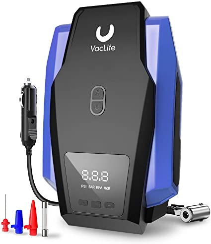 VacLife Tire Inflator Air Compressor - 12V DC Auto Tire Pump with LED Light, Digital Air Pump w/Auto Pump/Shut Offs for Car Tires, Bicycles and Other Inflatable, Dark Blue, Model: ATJ-1166