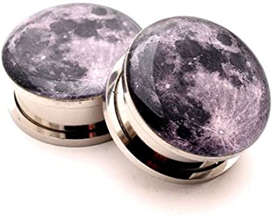 Mystic Metals Body Jewelry Screw on Plugs - Full Moon Picture Plugs - 0g - 8mm - Sold As a Pair