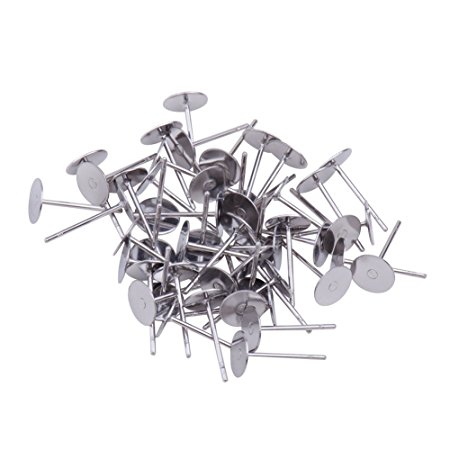 Pandahall 50pcs Original Color 304 Stainless Steel Flat Round Blank Peg & Post Ear Studs Findings (12x6mm, Pin: 0.7mm)