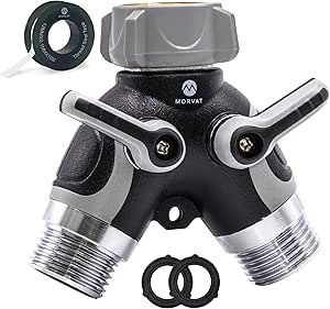 Morvat Heavy Duty Metal & PVC Covered 2 Way Y Splitter Garden Hose Connector with Comfort Grip Shut Off Valves, Adapter for Water Tap, Outlet, & Spigot, Includes 2 Extra Rubber Washers & Teflon Tape