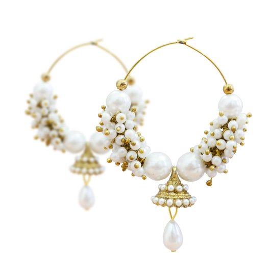Ramleela Bollywood Inspired Premium Gold Plated Pearl Embedded Jhumki Hoop Earrings.