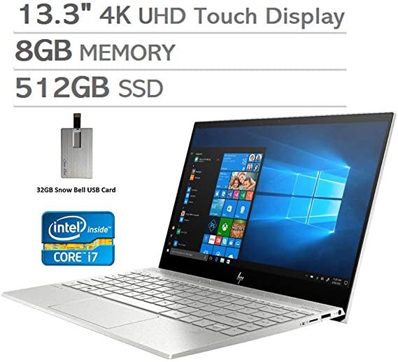 2020 HP Envy 13.3" 4K Ultra HD Touchscreen Laptop Computer, Intel Core i7-1065G7, 8GB RAM, 512GB SSD, Intel Iris Plus Graphics, Backlit Keyboard, HD Audio, Windows 10, Silver, 32GB Snow Bell USB Card