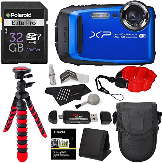 Fujifilm FinePix XP90 Waterproof digital camera (Blue), 32GB Class 10, Memory Card Reader, 12" Tripod, Lowepro Camera Case, Polaroid Floating Foam Strap Red, Polaroid Cleaning Kit & Accessory Bundle