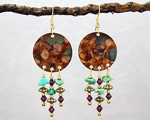 Burnt Copper Chandelier Earrings with Amethyst Crystal and Turquoise