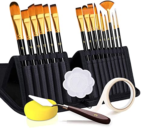 Paint Brushes, Oladwolf Paint Brush Set 20 Pcs Artist Brushes Fine, Flat, Angled, Round, Filbert, Fan Brushes for Acrylic Oil Watercolor Art Brushes with Paint Palette Knife Sponge and Tape