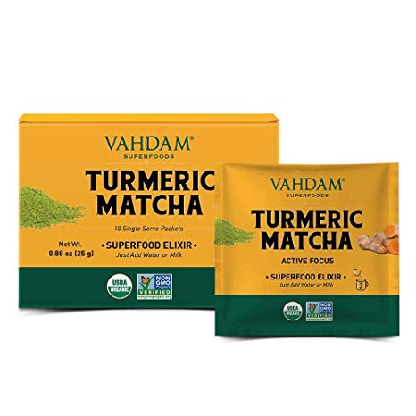 VAHDAM, Turmeric   Matcha Superfood Elixir Mix - 10 Servings | USDA Organic Turmeric Matcha Powder | Aids in Improving Focus & Immunity | Non-GMO, Vegan, Keto-friendly & Preservative-Free