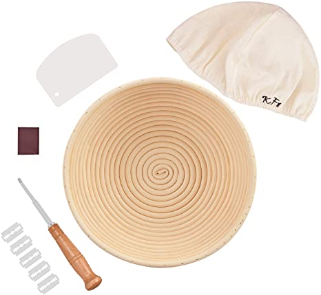 Bread Proofing Basket Set - Banneton Proofing Basket Round 9'', Linen Cloth Liner, Bread Scoring Lame &Blades, Dough Bench Scraper, for Bread Baker