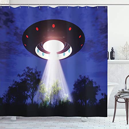 Ambesonne UFO Shower Curtain, Night Scenery with Aliens Space Travel Science Fiction Themed Composition Woodland, Cloth Fabric Bathroom Decor Set with Hooks, 70" Long, Blue Black