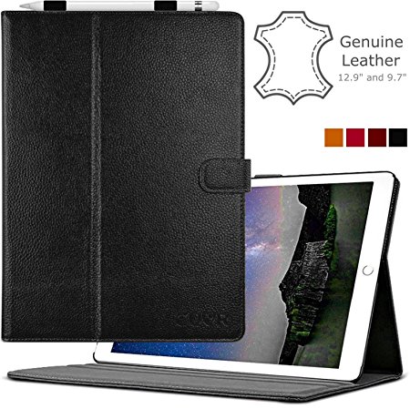 Cuvr iPad Pro Case Cover in Real Genuine Leather With Apple Pencil Holder for the 9.7 inch iPad Pro and iPad Air 2. (9.7" Black)