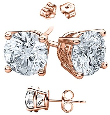 Unisex Rose Gold Overlay 925 Sterling Silver Round Cubic Zirconia Square White Cz Stud Earrings