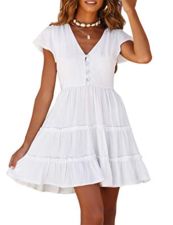 MEROKEETY Women's Summer V Neck Button Down Ruffle Sleeves Pleated Swing Mini Dress