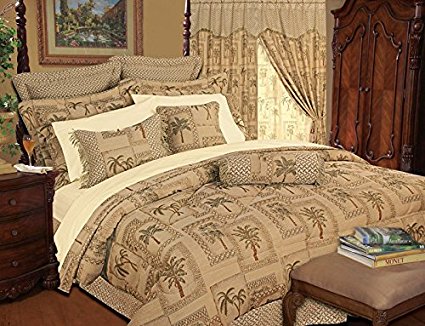 9PC TAPESTRY PALM TREE COMFORTER SET BED IN A BAG QUEEN