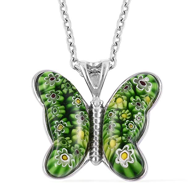 Butterfly Murano Millefiori Glass Flower Chain Pendant Fashion Necklace Stainless Steel Jewelry 24" (Multi Color/Green)