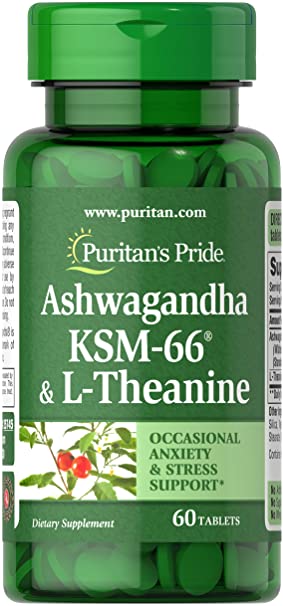 Ashwangandha KSM66 & L-Theanine, Helps Relieve occassional Stress and Anxiety, 60 Count by Puritan's Pride, White