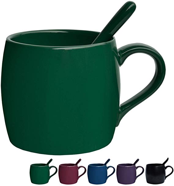 Bosmarlin Ceramic Coffee Mug with Spoon, Green Tea Cup for Office and Home, Dishwasher and Microwave Safe, 14 oz, 1 Pack (Green(Glossy))