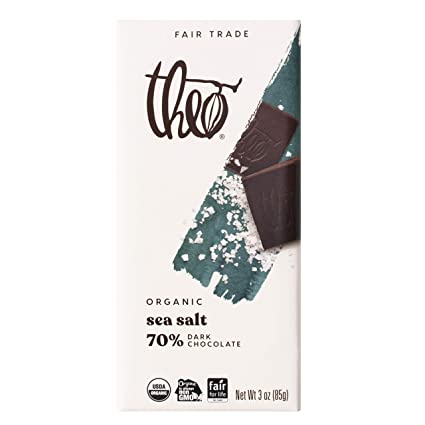 Theo Chocolate Organic Sea Salt 70% Dark Chocolate Bar, 3 Ounce Bar, 6 Pack