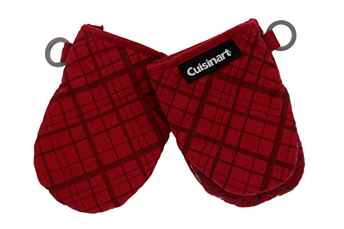 Cuisinart Silicone Mini Oven Mitts, 2 Pack-Little Oven Gloves for Cooking-Heat Resistant, Non-Slip, Hanging Loop, 5.5” x 7.5”-Ideal for Handling Hot Kitchen/Bakeware Items - Crosshatch Red Dahlia