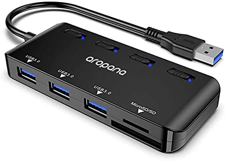 AROPANA USB 3.0 HUB,USB Hub with SD/Micro SD Card Reader, USB Splitter with 3 USB Ports, 2 Card Slots and Individual LED Power Switches