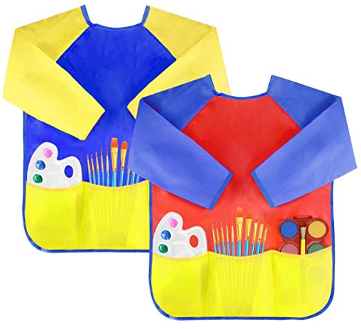 Attmu 2 Pack Kids Art Smocks, Children Waterproof Artist Painting Aprons Long Sleeve with 3 Pockets for Age 2-6 Years