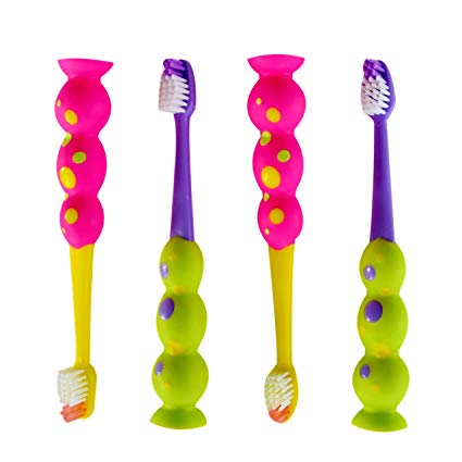 Trueocity Kids Toothbrush 4 Pack - Soft Contoured Bristles - Child Sized Brush Heads (3-10 year old) - Suction Cup for Fun & Easy Storage - Girl Set (Pink, Yellow, Purple, Green)