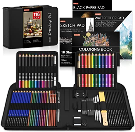 116 PCS Drawing Kit, Shuttle Art Complete Drawing Supplies with Sketch Pencils, Colored Pencils, Graphite, Charcoal Sticks, Professional Drawing Tools and Paper Pads for Artists, Beginners and Kids