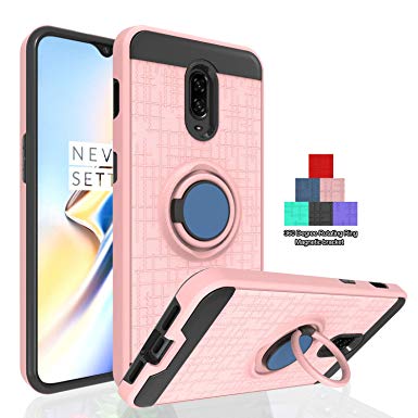 Ayoo for:One Plus 6T Case,OnePlus 6T McLaren Case,One Plus 6T Phone Case,360 Degree Rotating Ring Magnetic Stand Fishnet Full Bodystocking Dual Layer Shock-Absorption for One Plus 6T-ZK Rose Gold