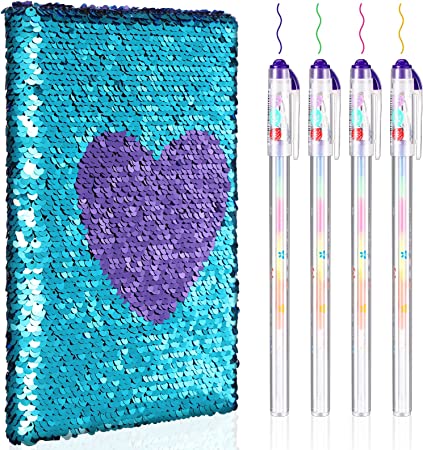 Outus Sequin Notebook Set with 4 Pieces Color Gel Ink Pens Reversible Diary Flip Sequin Journal Writing Journal Set for Valentine's Day Teens Young Girls (Blue Purple)