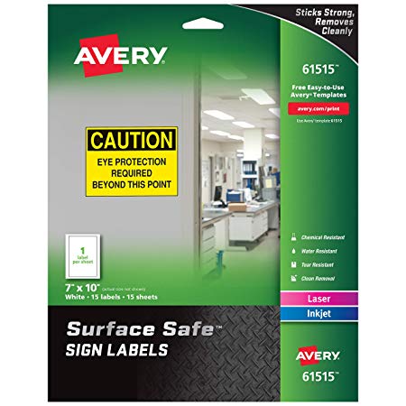 Avery Surface Safe Sign Labels, 7 x 10, Removable Adhesive, Water & Chemical Resistant, Pack of 15 Wall Decals (61515)