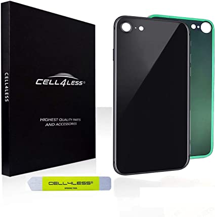 Cell4Less Back Glass Replacement Kit Compatible w/iPhone SE 2020 Version A2275, A2296, and A2298 - Wide Camera Hole NO Logo (Black)