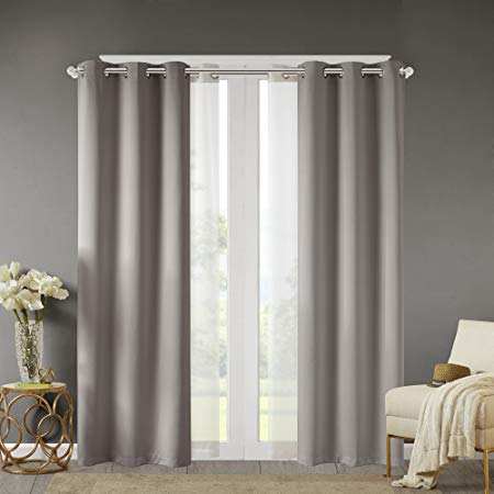 Comfort Spaces - Windsor Solid Grey Window Curtain (2 Panels) with Voile Sheer (2 Panels) - 42x108 inch Panel - Blackout Room Darkening - Grommet Top