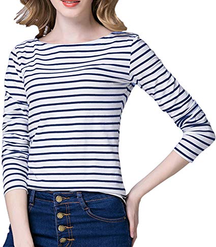 Tulucky Women's Casual Long Sleeve Shirts Stripe Tees Round Neck Tank Tops