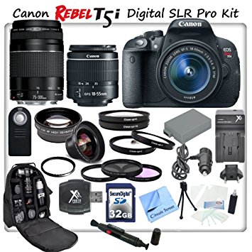 Canon Rebel T5i Digital SLR Camera with Canon EF-S 18-55mm f/3.5-5.6 IS II SLR Lens   Canon EF 75-300mm f/4-5.6 III Telephoto Zoom Lens & CS Pro Lens Package: Includes Canon LPE8 Replacement Battery, Rapid Travel Charger, 32GB SD Memory Card, Card Reader, Camera Backpack, High Definition Wide Angle Lens, 2x Telephoto HD Lens, 3 Piece Professional Filter Kit, 4 Piece Macro Close-Up Kit, 2 High Resolution UV Filters, Wireless Remote, Lens Pen, Starters Kit & CS Microfiber Cleaning Cloth