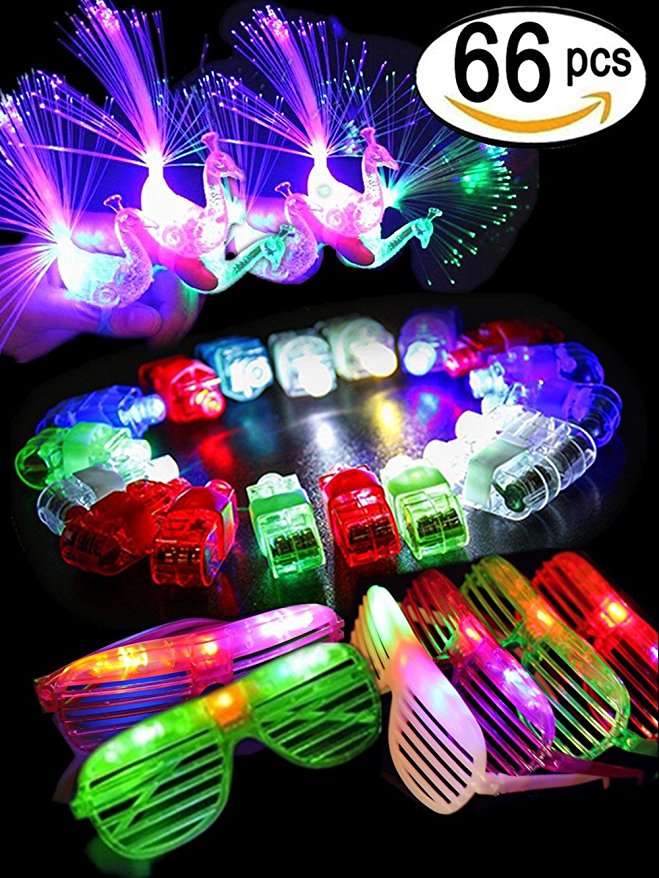 BUDI 66 Pcs Cool LED Light Up Toys Party Pack Toys- 50 LED Finger Beam Lights, 10 LED Peacock Finger Rings and 6 LED Shutter Shade Glasses Party Favors