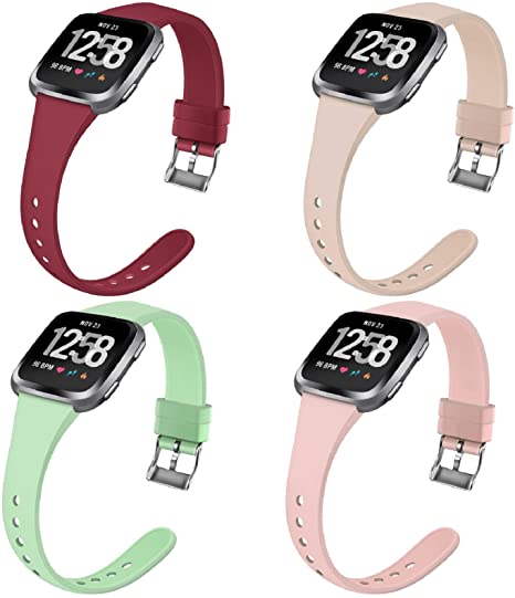 Coperr 4 Packs Bands Compatible with Fitbit Versa/Fitbit Versa 2/Fitbit Versa Lite for Women Men, Narrow Slim Soft Silicone Replacement Wristband for Fitbit Versa Smart Watch with Buckle Design